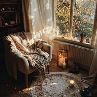 Cozy Sunlit Reading Nook with Armchair, Knitted Blanket, and Candles photo