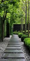 Tranquil Modern Garden Pathway with Lush Greenery photo