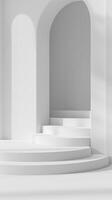 Minimalist White Interior with Curved Staircase and Archway photo