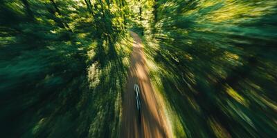 A blurry image of a forest road with a person riding a bike photo