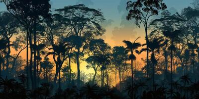 Silhouetted rainforest scene with trees outlined by the fading light. photo