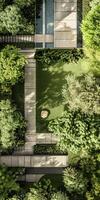 Aerial View of Modern Garden with Pathways and Lush Greenery photo