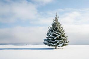 Solitary Evergreen Tree in Snowy Landscape Under Clear Blue Sky photo