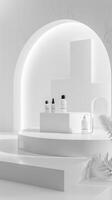 Minimalist White Cosmetic Product Display with Modern Arch photo