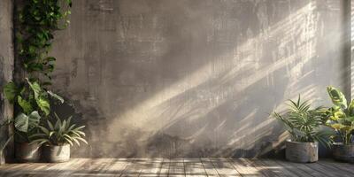 Sunlit Urban Jungle Indoor Plants Casting Shadows on Rustic Concrete Wall photo