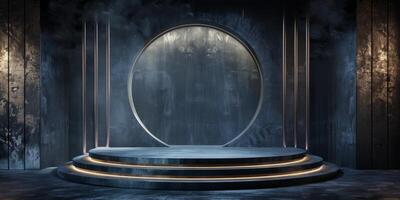 Futuristic Circular Stage with Neon Lights and Metallic Accents photo