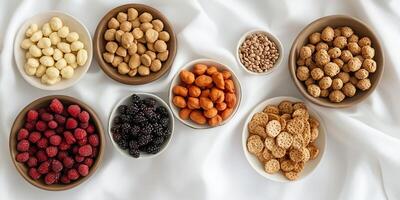 A variety of nuts and dried fruit are displayed in bowls on a white table photo