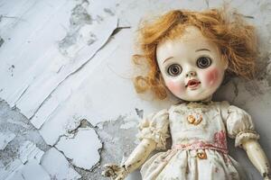 Vintage Porcelain Doll with Red Hair on Weathered Background photo