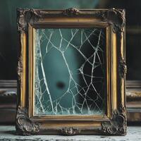 Antique Ornate Frame with Cracked Glass Reflecting Mysterious Shadows in a Vintage Setting photo
