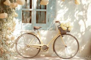 A yellow bicycle with a basket on the front photo