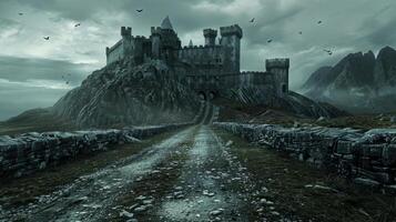 A castle is shown in a dark, gloomy scene with a foggy atmosphere photo