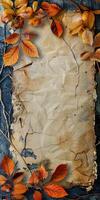 A piece of paper with a brown background and a few leaves on it photo