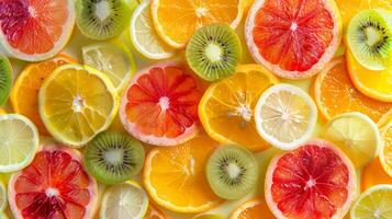 Bird's eye view of sliced summer fruits arranged in a cloverleaf pattern photo