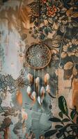 Boho-chic dreamcatcher wall hanging on a wall backdrop photo