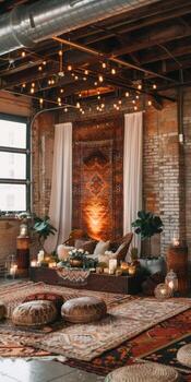 Boho-industrial display stage featuring bohemian accents photo