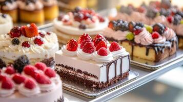 Delicious Assortment of Gourmet Cakes with Fresh Berries photo