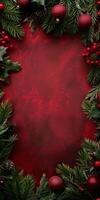 A red background with a green border and a red Christmas tree photo