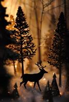 A deer is walking through a forest with trees in the background photo