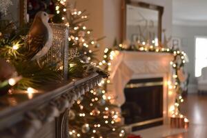 A fireplace mantle is lit up with Christmas lights photo
