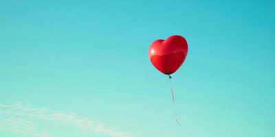 A red heart-shaped balloon floating in a crystal-clear blue sky photo