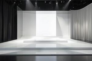 Minimalist Modern Stage with White Curtains and Lighting photo