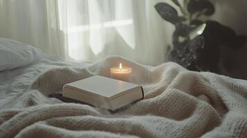 A book is on a bed with a candle next to it photo