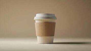 Minimalist Coffee Cup on Neutral Background with Cardboard Sleeve photo