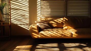 A tan couch is sitting in a room with a window photo