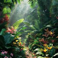 Dense rainforest with exotic tropical plants. photo