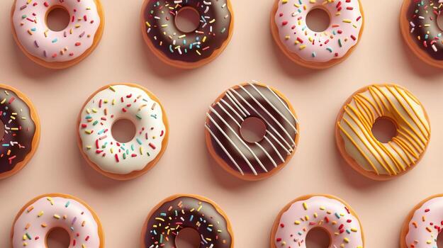 Colorful Assorted Donuts with Sprinkles and Icing on a Pastel Background in a Repeating Pattern photo