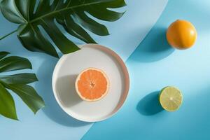Fresh Citrus Fruits and Tropical Leaves on a Modern Blue Background photo