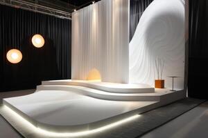 Modern Minimalist Stage Design with Curved White Backdrop photo