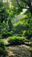 Lush Green Garden with Stone Pathway and Sunlight Filtering photo
