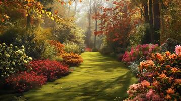 Enchanting Autumn Garden Pathway with Vibrant Flower photo
