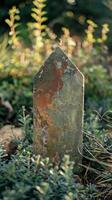 Weathered Stone Marker in Lush Greenery with Sunlight Filtering Through Foliage photo