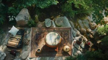 From above, a tranquil scene of sound therapy in progress photo