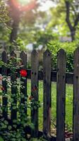 Rustic Wooden Fence with Blooming Red Roses in a Lush Green Garden photo