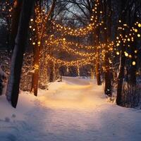 Enchanting Winter Wonderland Pathway Illuminated by Twinkling String Lights photo