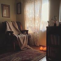 A cozy living room with a chair, a blanket, and a book photo