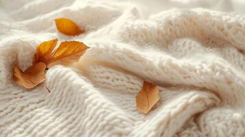 Cozy Autumn Scene with Soft Knitted Blanket and Fallen Leaves in Warm Natural Light photo