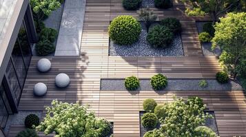 Modern Zen Garden with Wooden Decking and Greenery photo