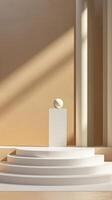 Minimalist Interior with Geometric Sculpture on Pedestal in Sunlit Room photo