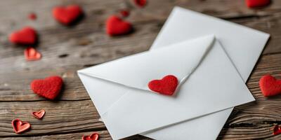 Two white envelopes with red hearts on them photo