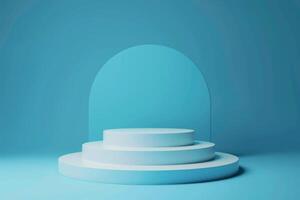 A sleek, minimalist blue podium with geometric shapes photo