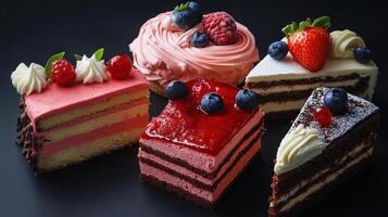Assorted Gourmet Cakes with Fresh Berries on Dark Background photo