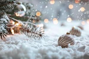 Festive Christmas Scene with Snow-Covered Ornaments and Twinkling Lights photo