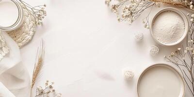 A white background with a white bowl and a white bowl with a white flower on it photo