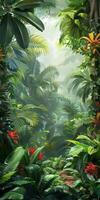 Tropical rainforest with vibrant plant life. photo