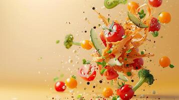 Whimsical composition of food with sauce depicted in a playful flying motion photo