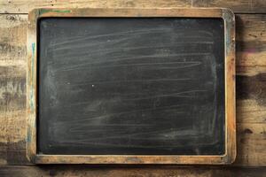 Rustic Vintage Chalkboard on Wooden Tabletop with Textured Background photo